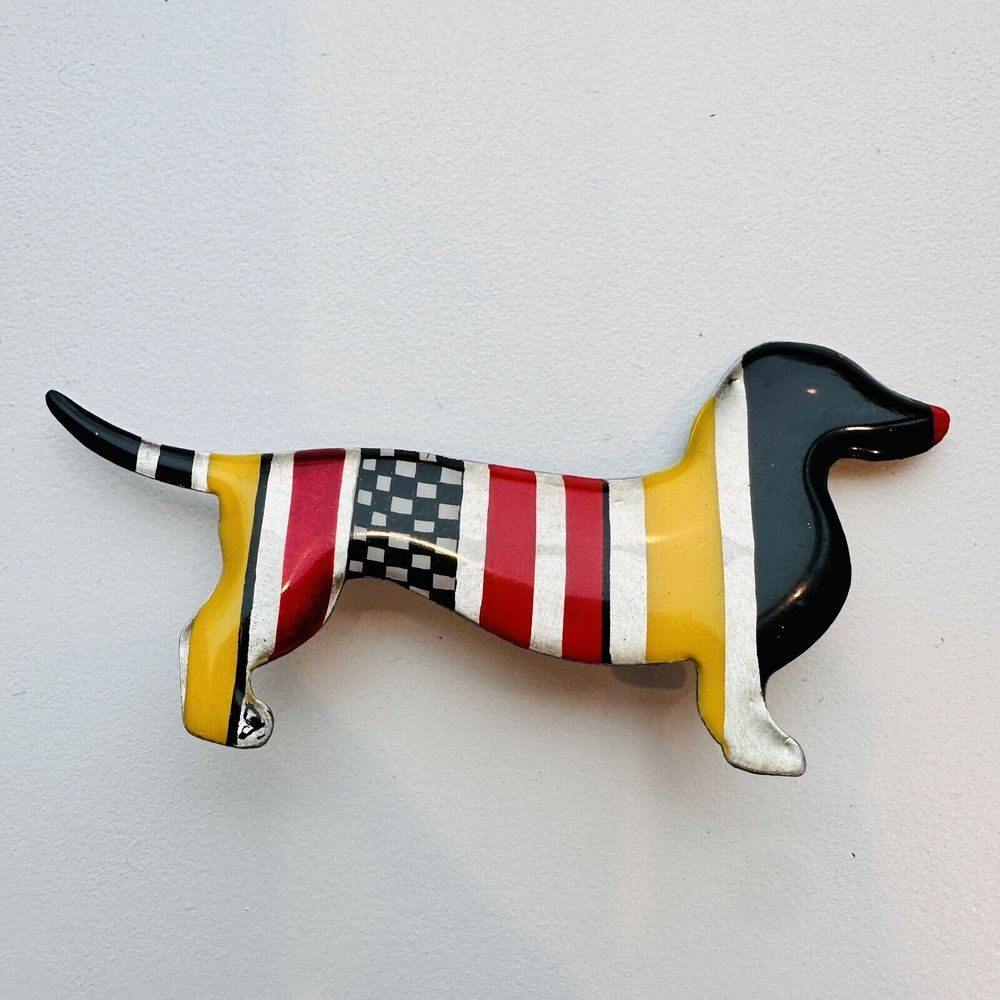 Mimi Scholer Brooch 3 Inch Dachshund Wiener Dog Enamel Multicolor Handmade Spain